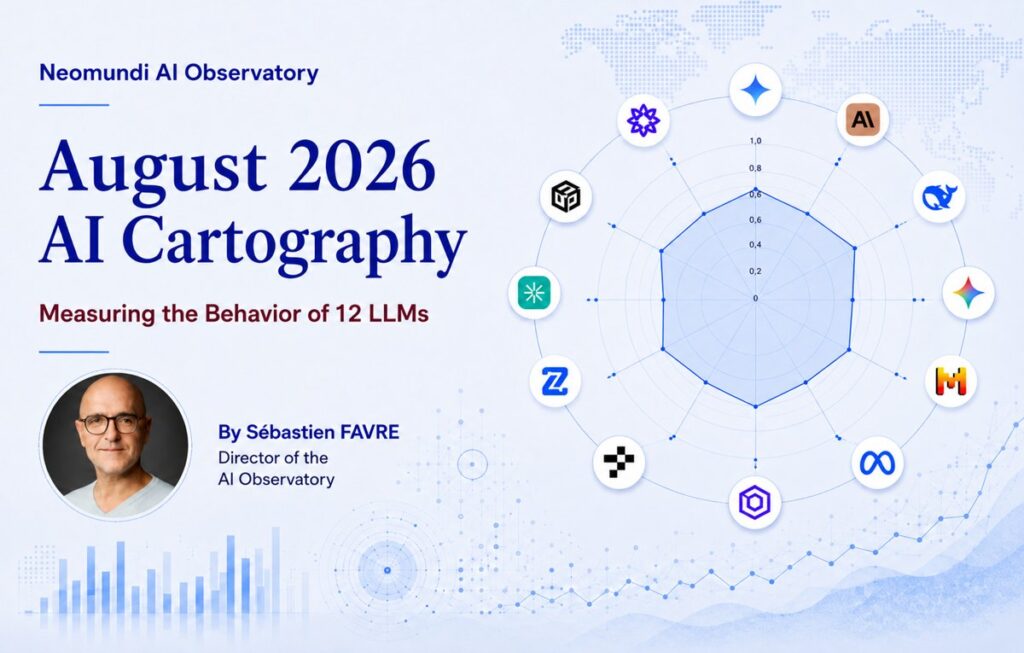 NeoMundi AI Cartography August 2026: 12 AI profiles plotted by OpenAI factuality (horizontal axis) and Mistral factuality (vertical axis), point size indicating mean observed stability