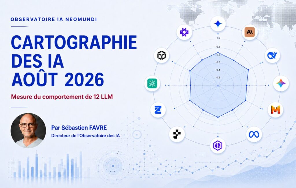 Cartographie NeoMundi août 2026 : 12 profils d’IA positionnés selon la factualité OpenAI (axe horizontal) et Mistral (axe vertical), la taille des points indiquant la stabilité moyenne observée